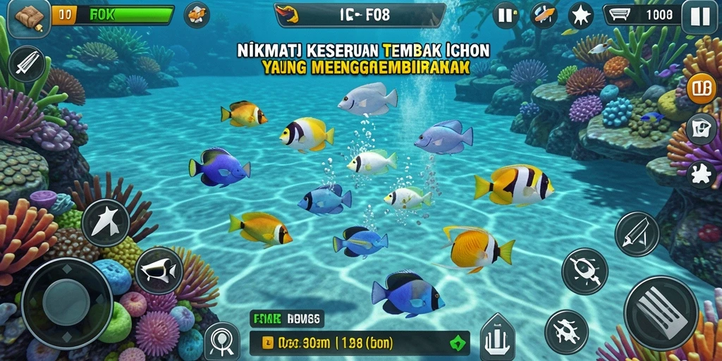 Screenshot gameplay F08 dengan aksi tembak ikan seru.