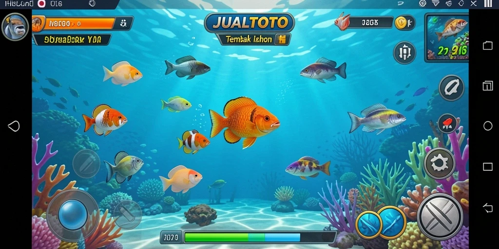 Tampilan gameplay <strong>JUALTOTO</strong> menembak ikan yang seru dan penuh warna.