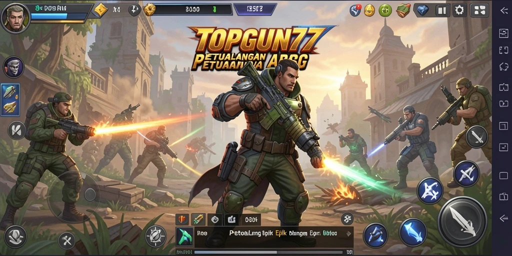 Tangkapan layar utama TOPGUN77 menampilkan pertempuran epik dalam dunia ARPG.